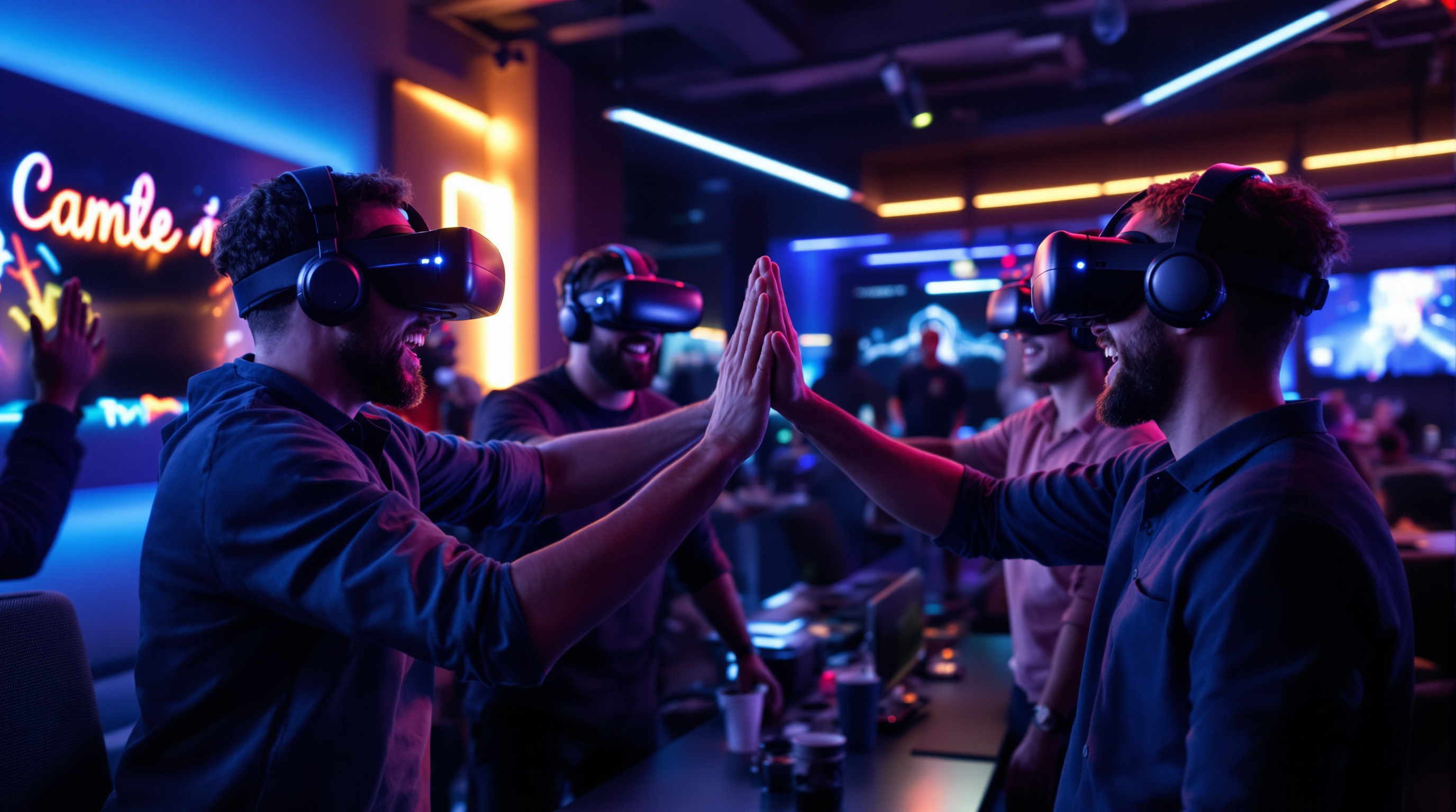 Équipe célébrant après un team building VR réussi